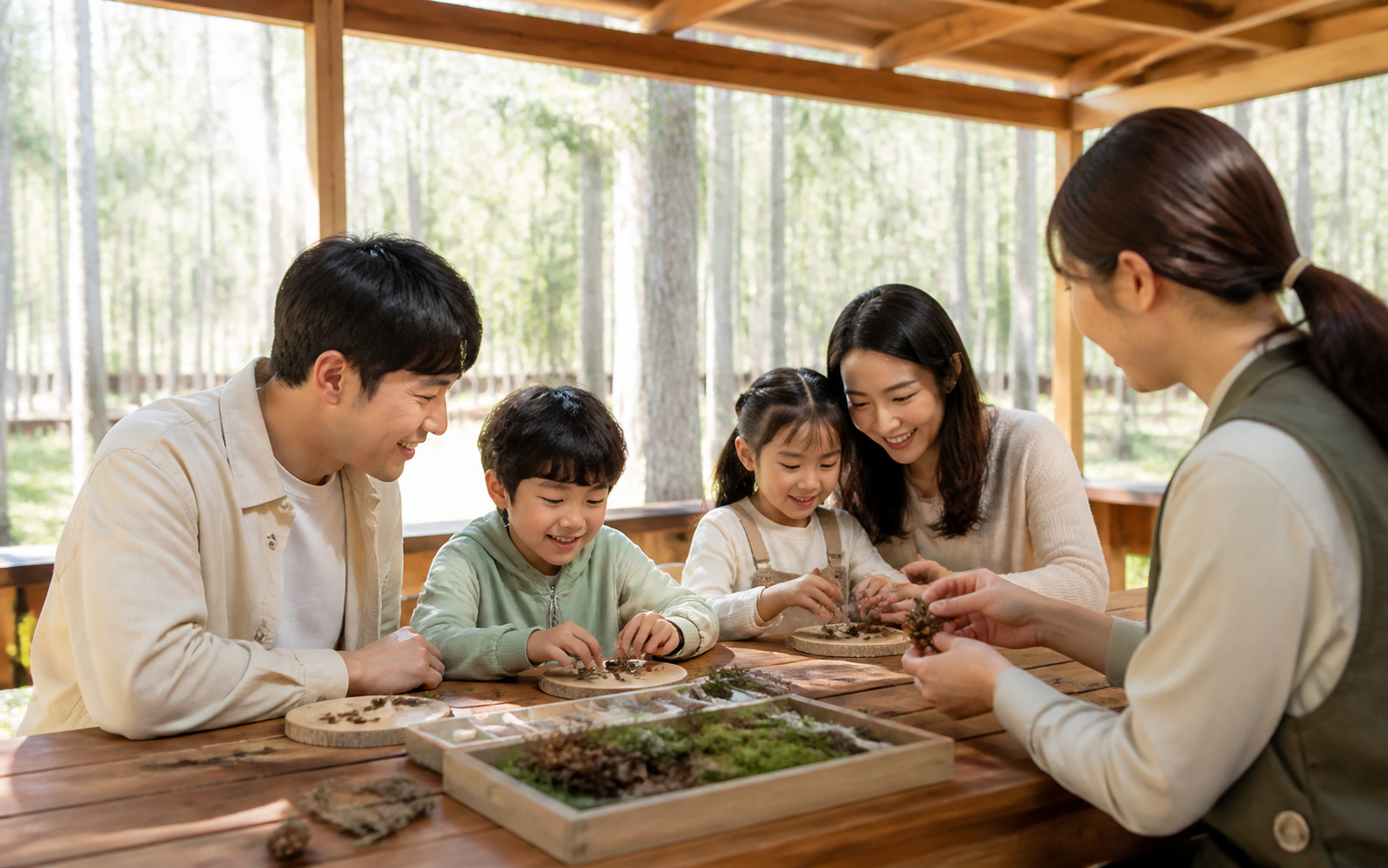 숲 체험을 즐기는 가족